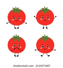 set of cartoon tomatoes characters, funny vegetables emoticons in flat style, healthy vegetarian food