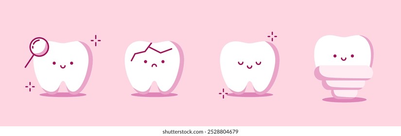 Set of cartoon tooth characters. Concept of Dental check-up, Implants, Dental Health and Bad Teeth with Cracks and Caries. Elements of design for pediatric dentistry, web design, apps, social media.