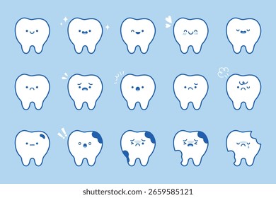 Conjunto de personajes de dibujos animados de dientes que muestran varias emociones y condiciones dentales, incluidos dientes sanos, felices, tristes y cariados. Ideal para el cuidado dental, la educación de los niños y el contenido de salud oral