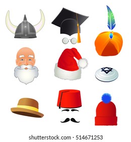 Set of cartoon top hats, different professions and nations. Vector illustration, isolated on white