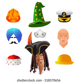 Set of cartoon top hats, different professions and nations. Vector illustration, isolated on white.