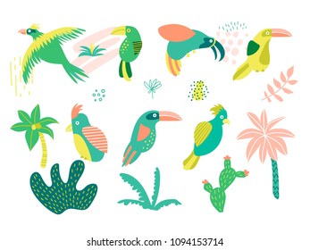 Set of cartoon toucans and parrots. Black and white. Vector illustration.