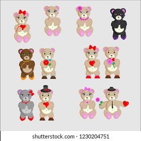 Set of cartoon toy bears in love (part 1).