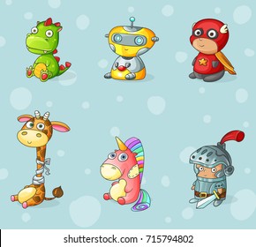 Set of Cartoon toys for children. Dinosaur, robot, superhero, giraffe, unicorn, knight. Funny characters. Vector illustration.