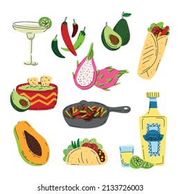 Set of cartoon traditional mexican dishes. Vector isolated meals in doodle style. Food and drink from Mexico.