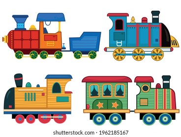 A Set Of Cartoon Train Vector Illustrations.
