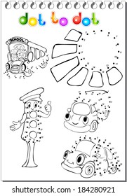 Set of cartoon transport - car, lorry, autobus - and traffic lights. Vector illustration dot to dot