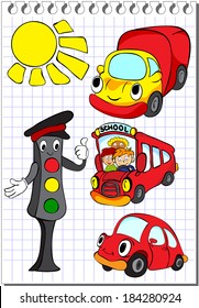 Set of cartoon transport - car, lorry, autobus - and traffic lights. Vector illustration