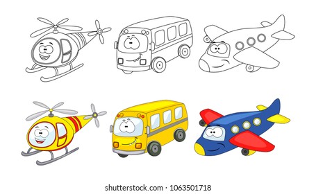 Set of cartoon transport coloring book.