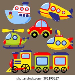 Set of cartoon transport icon. Car, submarine, ship, plane, train, helicopter