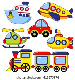 Set of cartoon transport icon. Car, submarine, ship, plane, train, helicopter