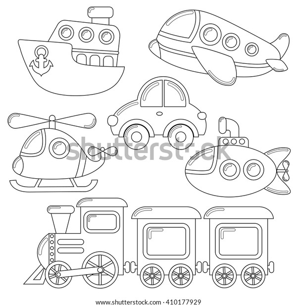 カートーンの輸送アイコンのセット 車 潜水艦 船 飛行機 列車 ヘリコプター 塗り絵本用の白黒イラスト のベクター画像素材 ロイヤリティフリー
