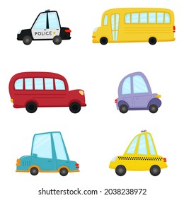 Set of cartoon transport. Police, yelow bus, red bus, taxi, blue car, purple car . Vector illustration for kids