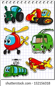 Set of cartoon transport - tractor, trolleybus, helicopter, tram, airplane and excavator. Vector illustration
