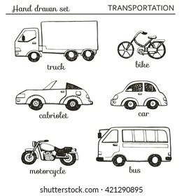 Set of cartoon transportation for child: car, bike, bus, truck, motorcycles. Hand drawn sketch illustration. 