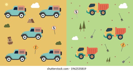 Set Cartoon Transportation Jeep and Dump Truck Background for Kids. Vector Seamless Pattern with doodle Toy Cars and Traffic signs