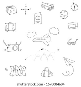 set of cartoon travel doodle icons, simple vector clip art with hand drawn travel elements