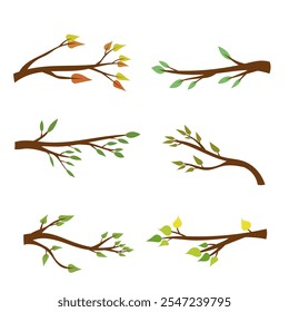 Set of cartoon tree branches, twigs with colorful green leaves. Spring, autumn backgrounds. Vector isolated on white