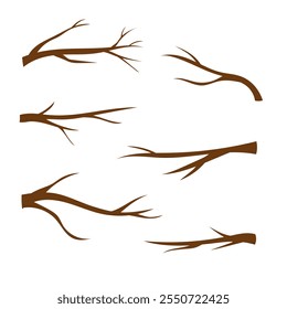 Set of cartoon tree branches, twigs without leaves. Spring, autumn backgrounds. Vector isolated on white