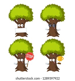 set of cartoon tree with green foliage character mascot on white background