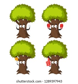 set of cartoon tree with green foliage character mascot on white background