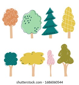 Set of cartoon tree with hand drawn elements isolated. Nature flat tree graphic design. Simple silhouette style vector illustration.