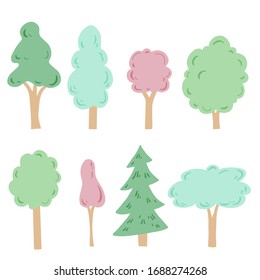 Set of cartoon tree with hand drawn elements isolated. Nature flat tree graphic design. Simple silhouette style vector illustration.