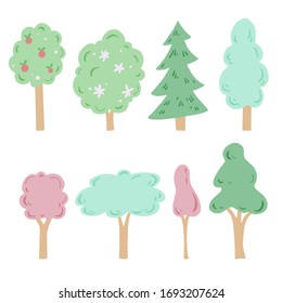 Conjunto de árbol de caricaturas con elementos dibujados a mano aislados. Diseño gráfico de árboles planos naturales. Simple ilustración vectorial de estilo de silueta.