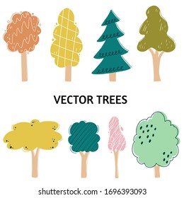 Set of cartoon tree with hand drawn elements isolated. Nature flat tree graphic design. Simple silhouette style vector illustration.