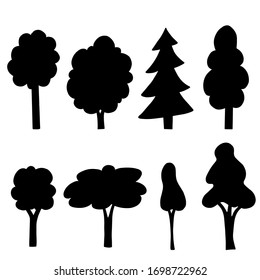Set von Cartoon Baum mit handgezeichnet Elemente einzeln. Naturflachbaum-Grafikdesign. Einfache Silhouette Stil Vektorgrafik.