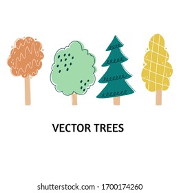 Set of cartoon tree with hand drawn elements isolated. Nature flat tree graphic design. Simple silhouette style vector illustration.