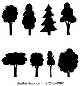 Set of cartoon tree with hand drawn elements isolated. Nature flat tree graphic design. Simple silhouette style vector illustration.