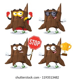 set of cartoon tree stump character mascot on white background