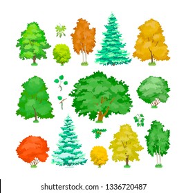 Set of cartoon trees. Cute plants, green, yellow eco aspen, maple, oak, birch trees in summer and autumn seasons, winter spruce. Ecology, pure nature, garden plant landscape. Vector illustration.