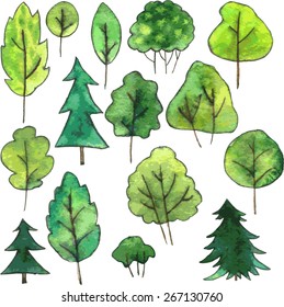 set of cartoon trees drawing by watercolor, hand drawn vector illustration