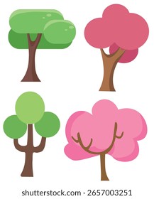 Conjunto de árboles de dibujos animados en estilo plano. Ilustración vectorial colorida con árboles verdes y rosados estilizados. Vector de arte plano aislado en el fondo blanco