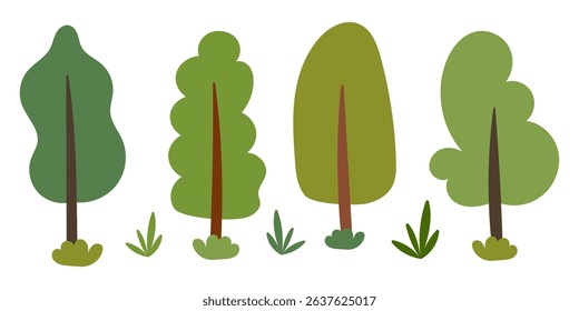 Set of cartoon trees and grass. Flat trees collection.