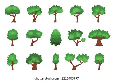 Set of Cartoon Trees Isolated Coniferous And Deciduous Plants on White Background. Forest And Garden Green Oak And Spruce Landscape Elements with Spring or Summer Foliage. Vector Illustration, Icons