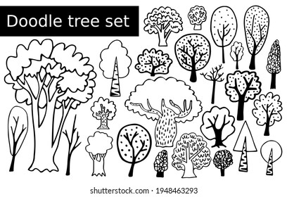 Set Of Cartoon Trees Isolated On White Background. Black Outline Doodles. Hand Drawn Vector Forest Oaks, Birchs, Ash Trees, Bush For Kids Illustrations, Designs, Icons. Cute Line Art Woodland Clipart 