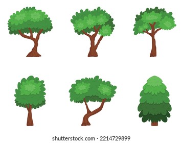 Set of Cartoon Trees Isolated on White Background. Forest And Garden Green Plants, Coniferous And Deciduous Oak And Spruce Landscape Objects with Spring or Summer Foliage. Vector Illustration, Icons