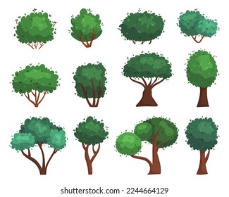 Conjunto de árboles de caricatura aislados en fondo blanco. Plantas Verdes Forestales Y Jardín, Objetos Paisajísticos Deciduos con Foliage Primavera o Verano, Juego de Activos. Ilustración vectorial, iconos