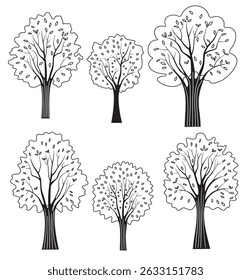 Conjunto de árvores de desenhos animados isoladas sobre fundo branco. Rabiscos de contorno preto. Ilustração desenhada à mão. Elementos decorativos. Para ilustrações, projetos e ícones infantis. Corredor de floresta de arte linear