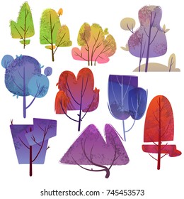 Set cartoon trees isolated on white background. Bright background images for create videos or web graphic design, user interface. Vector illustration for design, graphics, print, magazine, book, games