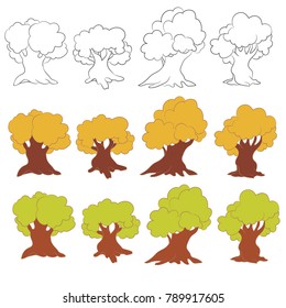Set of cartoon trees isolated on white background. Contour illustration, yellow leaves, green leaves.Oak. Vector. 