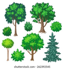 Set Of Cartoon Trees And Shrubs Isolated On White Background