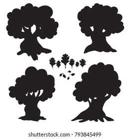 Set of cartoon trees silhouettes isolated on whiate background. Oak. Acorn.Leaves. Vector illustration. Good for coloring books. 