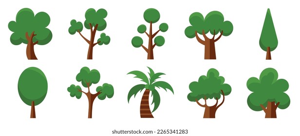 Set of cartoon trees vector. Simple modern style flat forest, jungle, coconut trees, deciduous meadow cute green plants. Design illustration for agricultural garden, nature park, comic landscape.