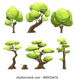 Set of cartoon trees for web games. Vector illustration. Set of different trees to create a background for the game. Trees for book illustration. 