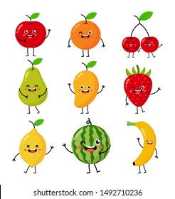 set of cartoon tropical fruit characters kawaii style isolated on white background. vector illustration.