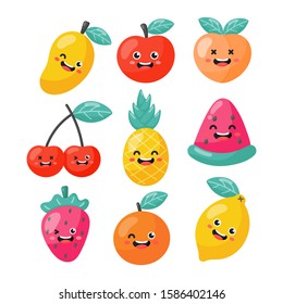 set of cartoon tropical fruit characters in kawaii style, isolated on white background. vector illustration.